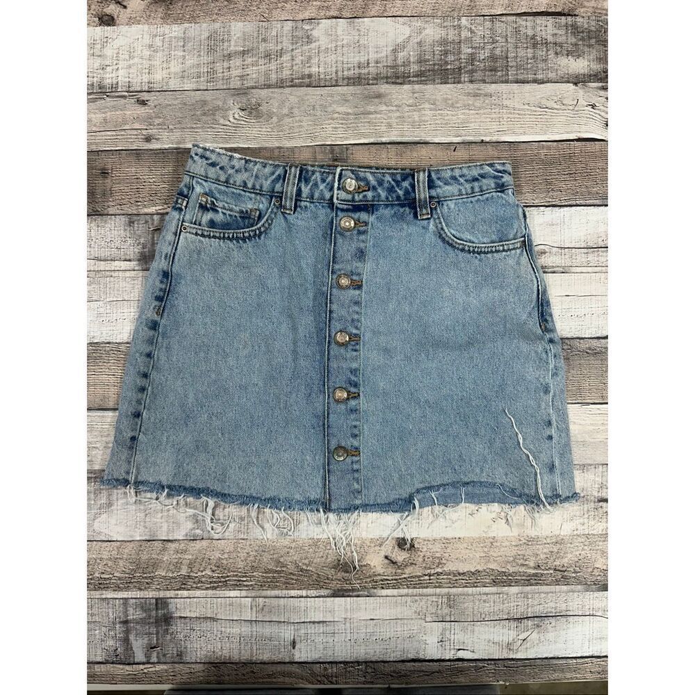 Zara Blue Denim Mini Skirt Button Down Raw Hem size Small Womens